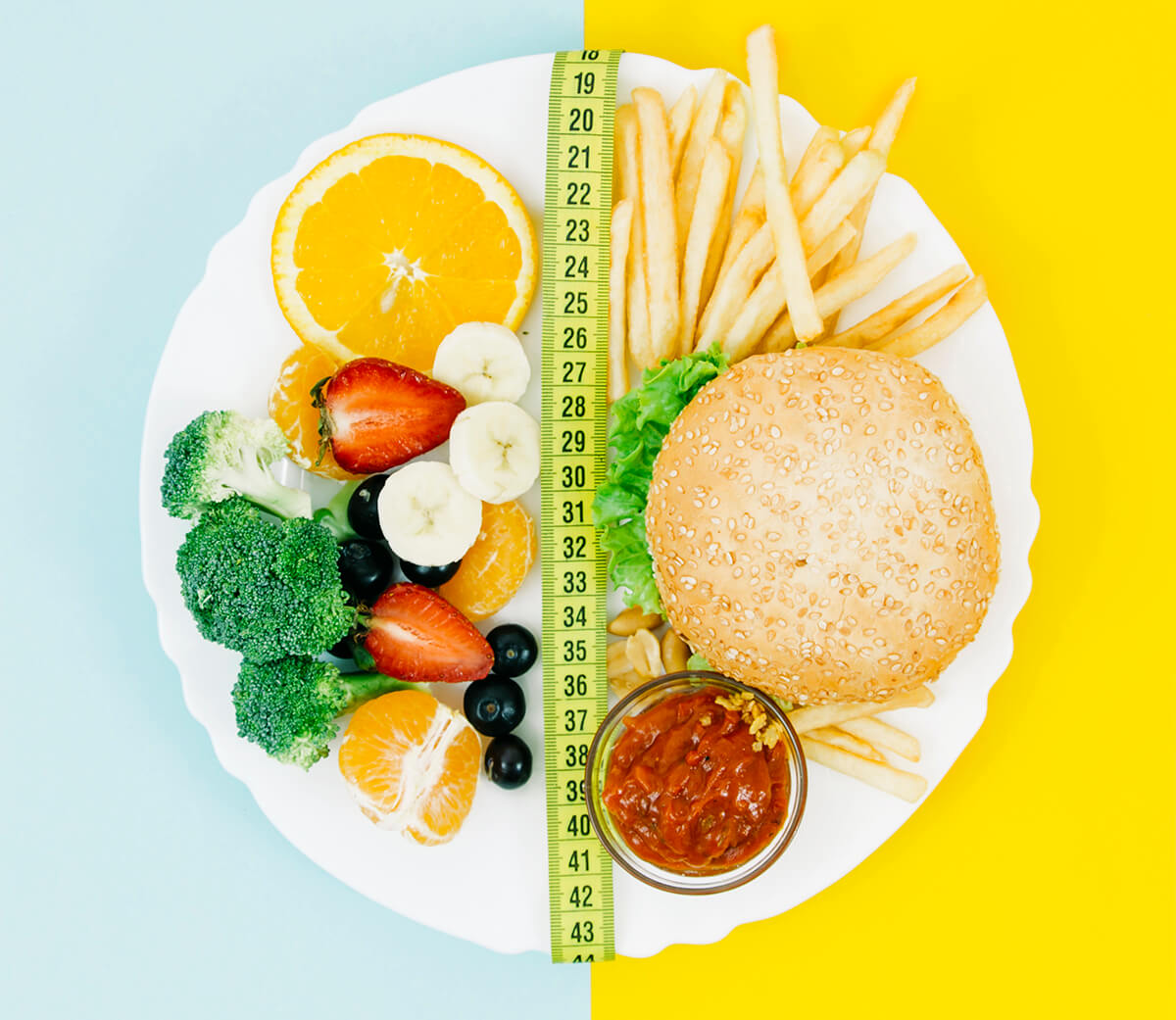 Talerz podzielony metrem na zdrową i niezdrową dietę - jesteś tym co jesz