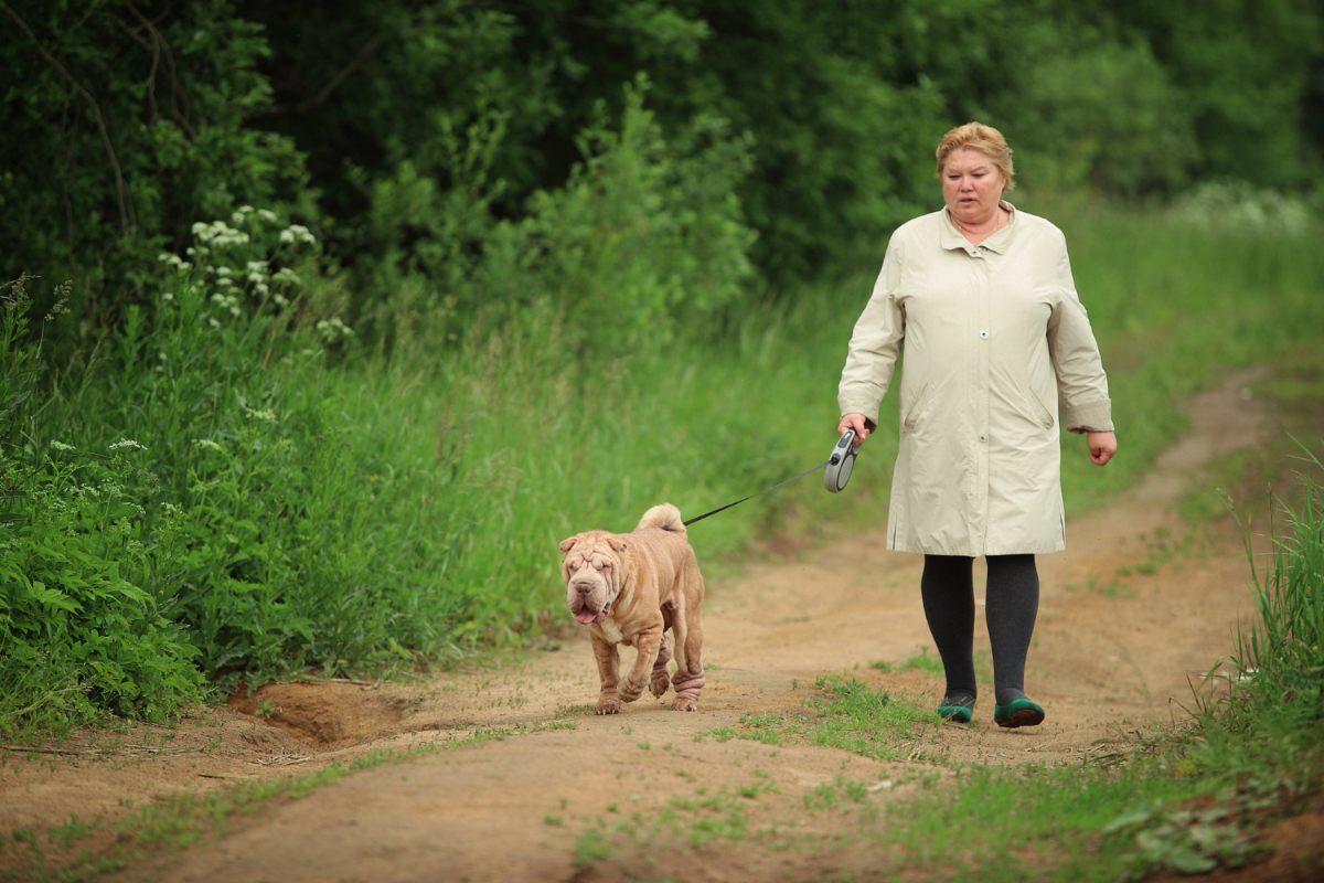 Otyła kobieta spaceruje z psem. Jak wygląda życie po operacji bariatrycznej