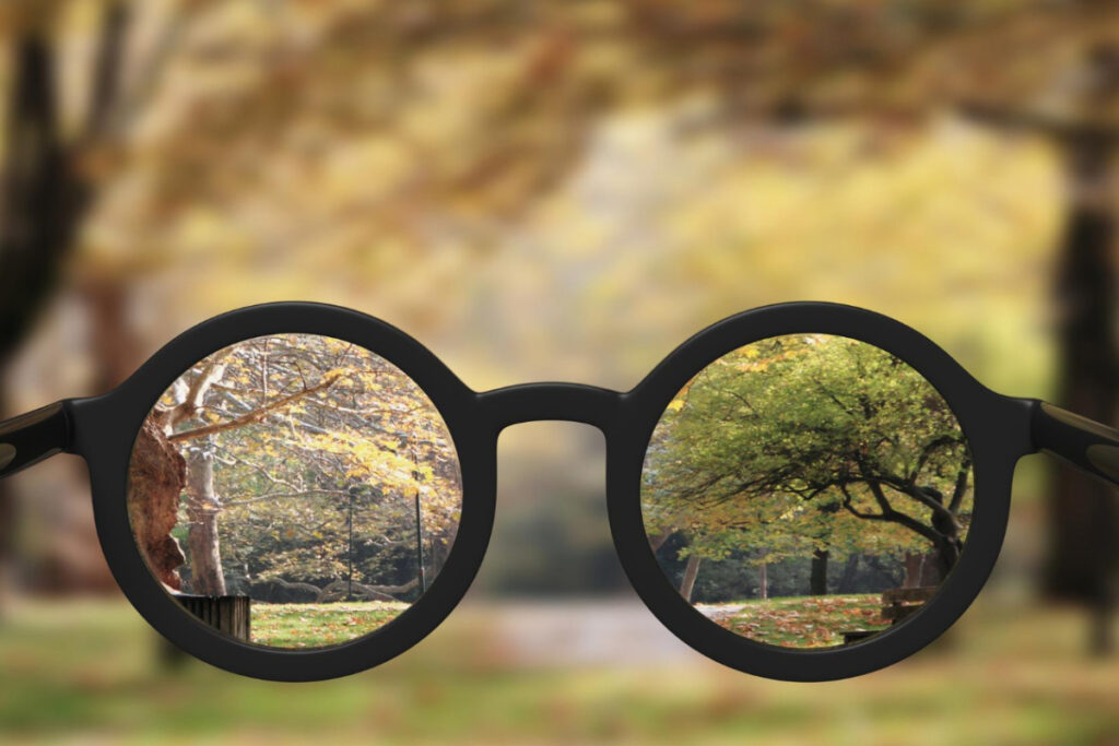 Widok na park przez okulary - zmiany wzroku człowieka