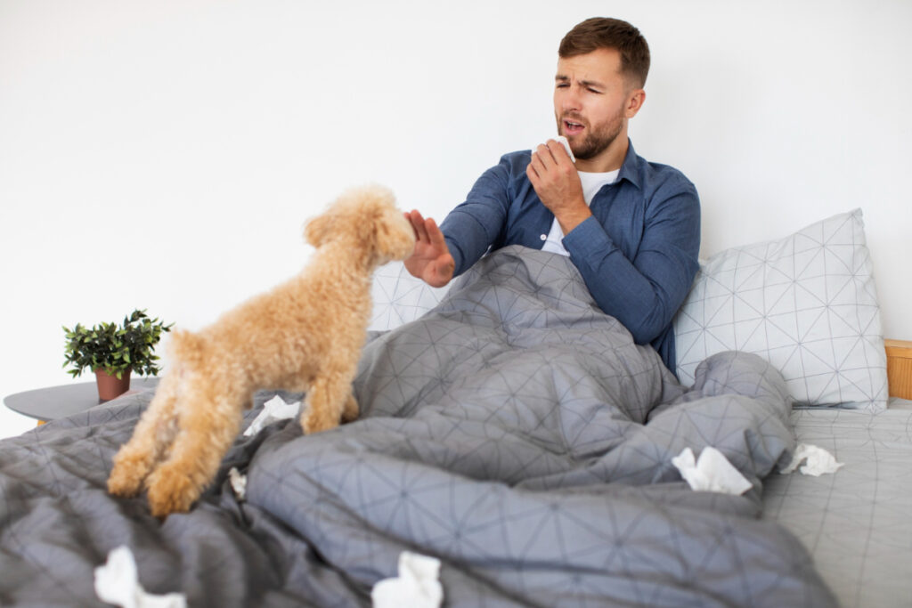 Mężczyzna z psem na łóżku - alergia na sierść psa - jaka powinna być częstość testów alergicznych