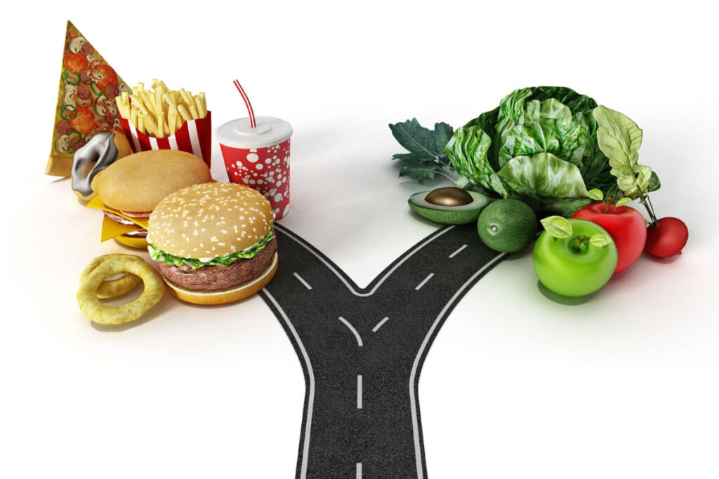 Zdrowe i niezdrowe jedzenie na rozwidleniu drogi